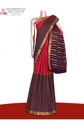 Exclusive Zari Checks Half and Half Mysore Crepe Silk Saree-Double Pallu 