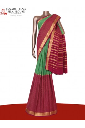 Exclusive Zari Checks Half and Half Mysore Crepe Silk Saree-Double Pallu 