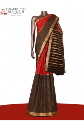 Exclusive Zari Checks Half and Half Mysore Crepe Silk Saree-Double Pallu 