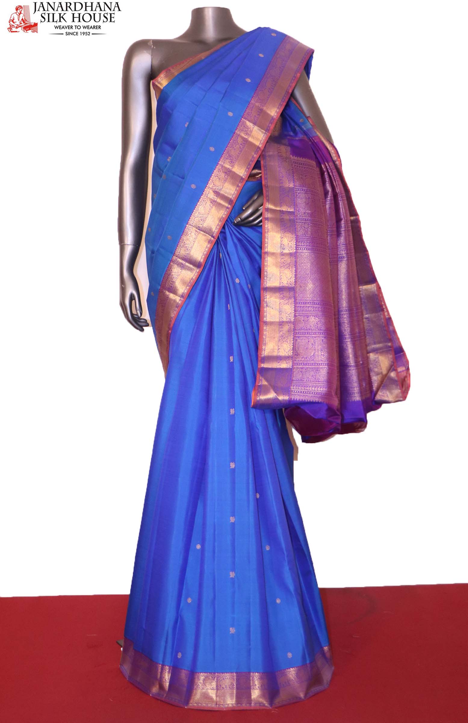Semi kanjivaram silk saree peacock blue and blue with allover copper z –  Prashanti Sarees