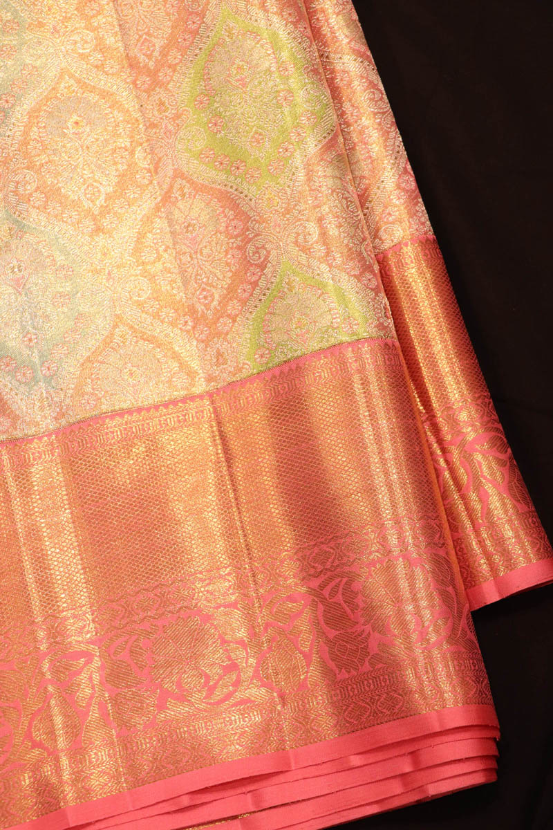 Champagne Golden Kanjivaram Tissue Floral Woven Silk Saree & Rustic Border  | TST | The Silk Trend