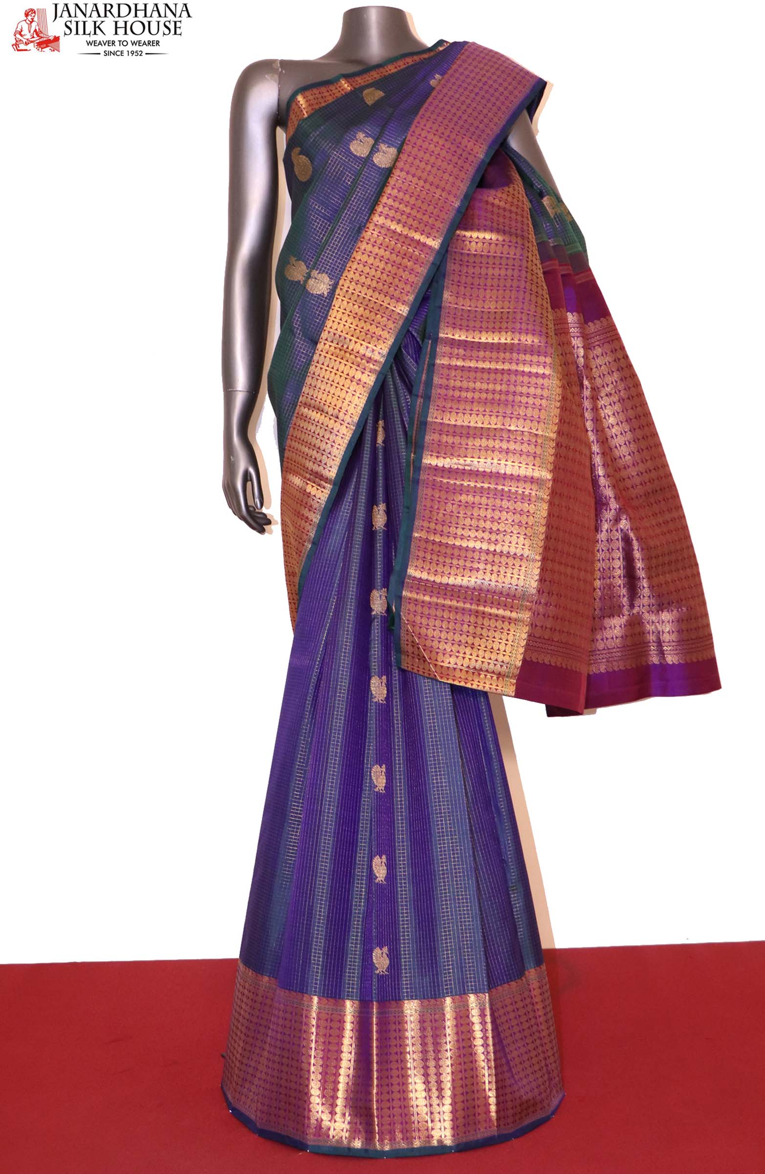 Mayil Kazhuthu Peacock Blue with Zari Butta Silk Cotton Saree – Sampoornam  Creations