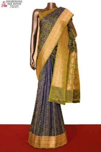 Indigo Blue Jamawar Woven Cotton Silk Saree - Clothsvilla