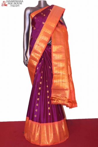 Violet gadwal silk saree with zari buttas, contrast zari rich pallu &  border of leaf vine, peacock & intricate designs